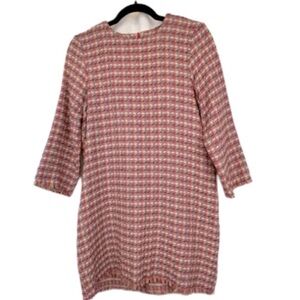 Zara trf Cotton Blend Tweed Sheath Dress Pink Ladylike Lined Medium 3/4 Sleeved